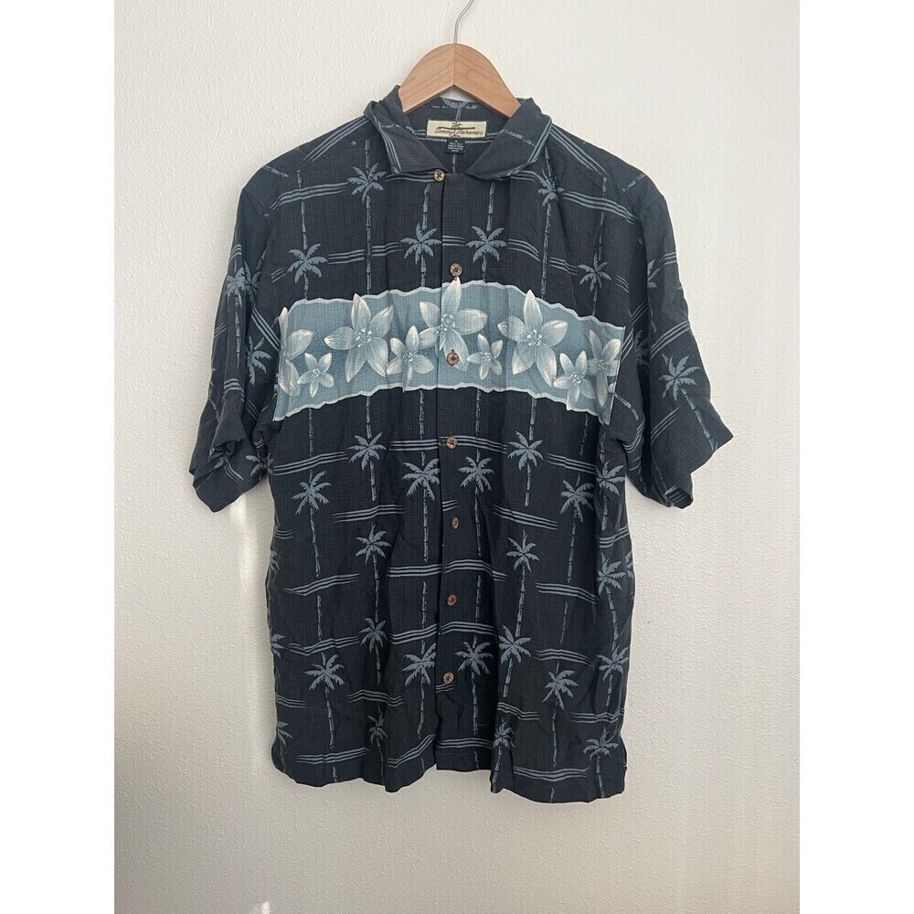 Tommy Bahama Shirt S Blue Silk Palm Tree Textured Hawaiian Button Up Vacation